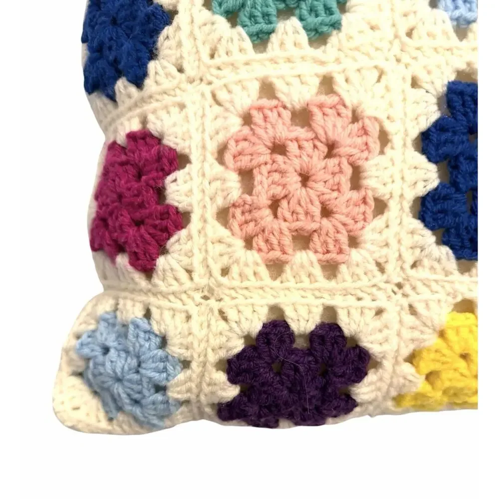 Vintage Granny Square Crochet Throw Pillow Floral Multi Colors Grannycore 16”